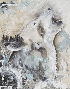 Loup louve hurle fond abstrait paysage semi-abstrait peinture acrylique sur bois texture par LiliFlore 2017