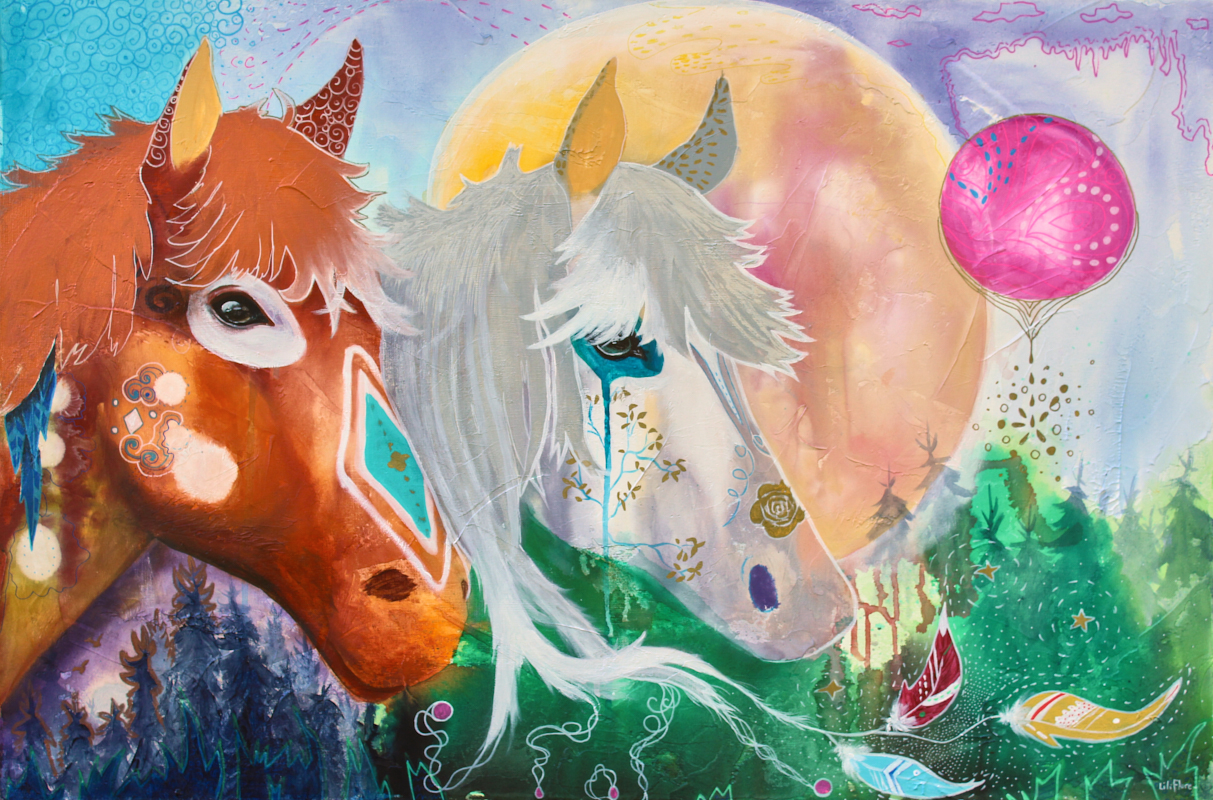 chevaux techniques mixtes sur toile couple divin multicolore fantastique LiliFlore 2017