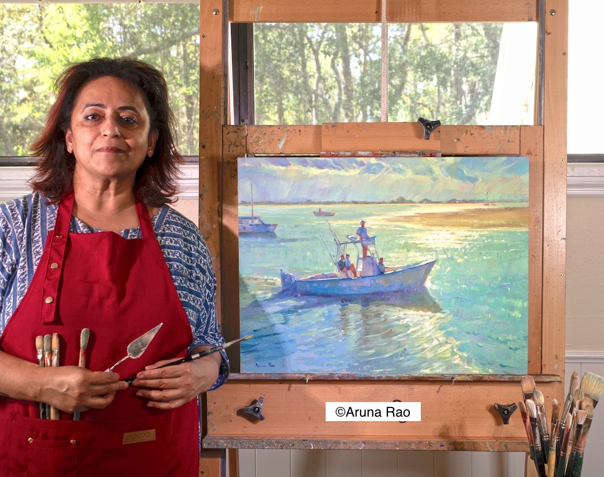 Aruna Rao dans son studio. Floride, artiste peintre.