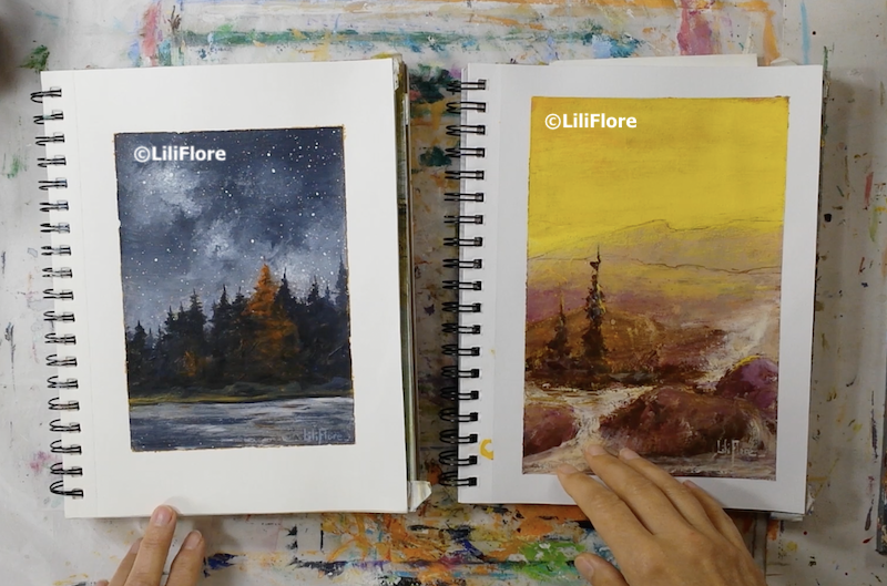 Deux carnets de peinture ouverts : l’un avec un gabarit positionné sur la page, l’autre avec un format délimité au ruban à masquer